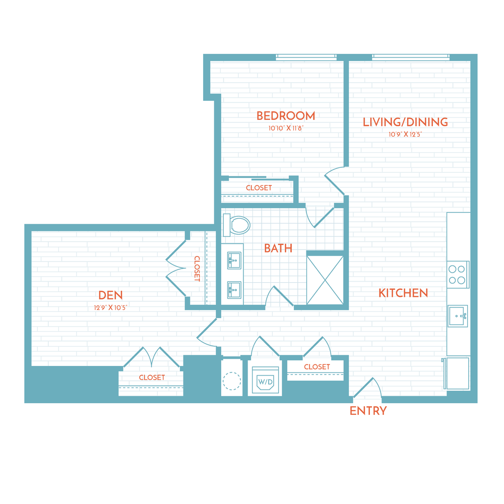 Floor plan layout diagram for D3.1 | 2 Bed | 1 Bath | Den